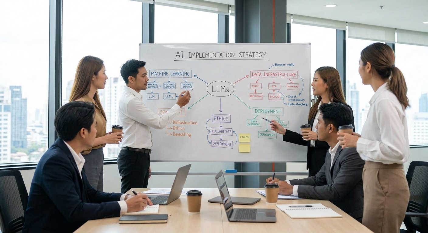 Business team strategizing AI implementation on a whiteboard.