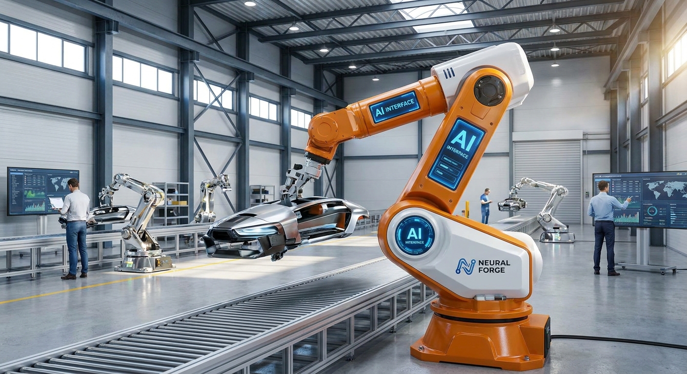 A modern factory floor with an AI-powered robotic arm in operation.