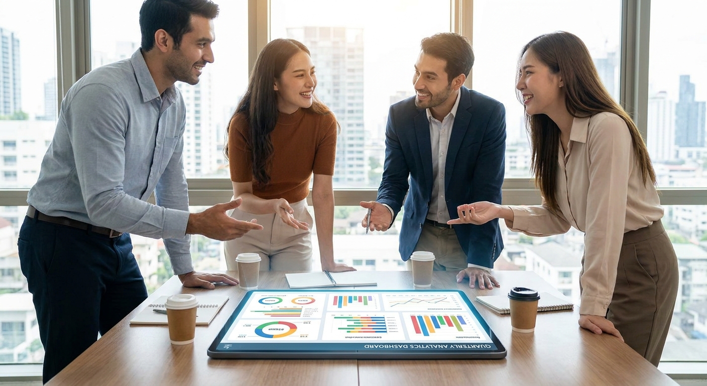 A team of professionals collaborating around a tablet displaying data analytics.