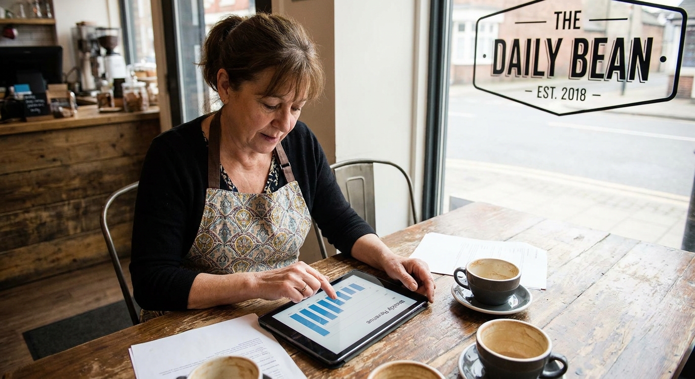 A small business owner using a tablet to analyse sales data