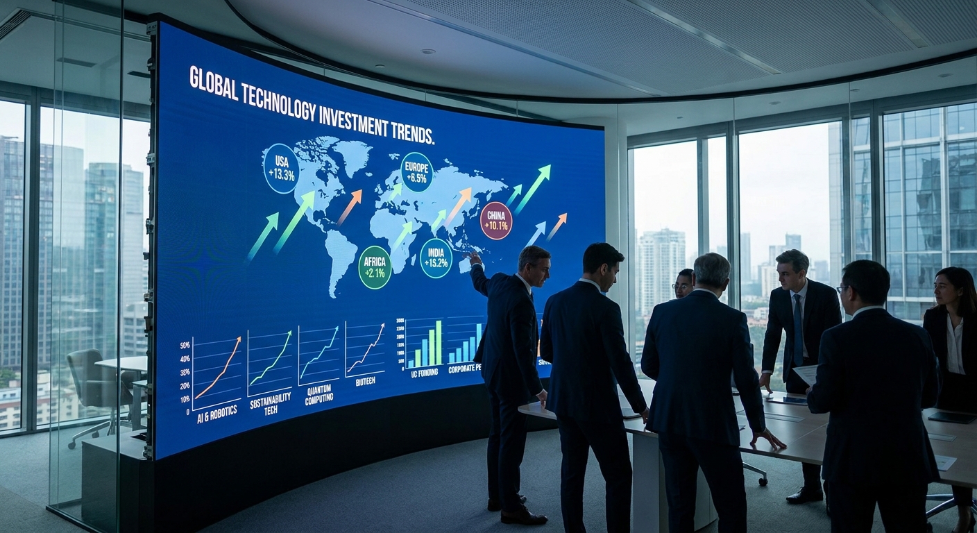 Global technology investment trends displayed on a screen