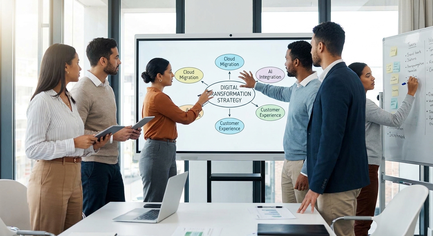 Professionals collaborating on a digital transformation strategy.