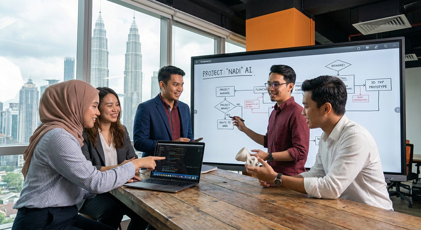 Young Malaysian entrepreneurs collaborating on a new technology project.