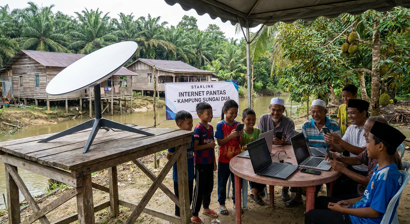 A Starlink dish brings high-speed internet to a community in rural Malaysia.