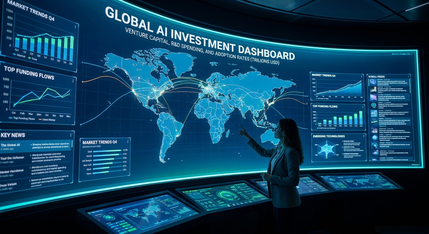 A digital dashboard showing global AI investment and market trends.