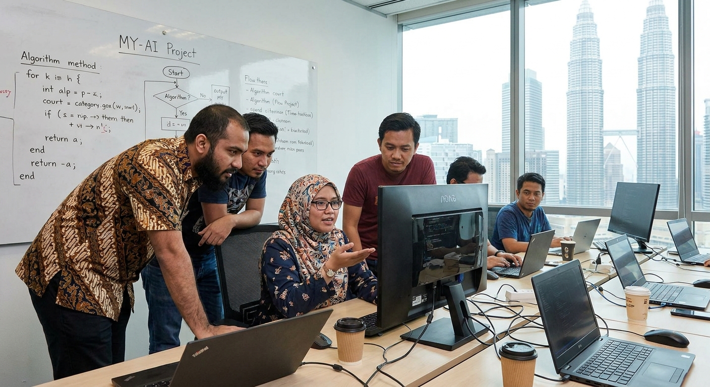 A team of Malaysian developers working on an AI algorithm.