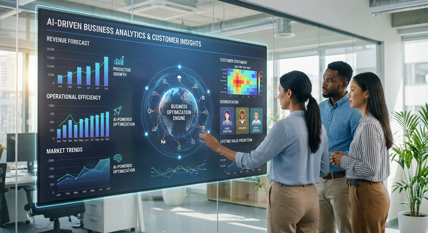 Dashboard showing AI-driven business analytics and customer insights.