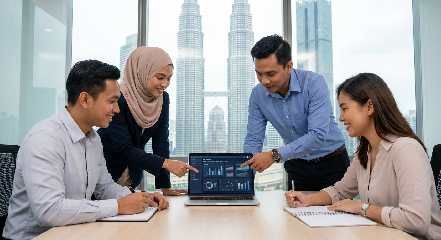 A team of Malaysian professionals collaborating around a laptop showing data analytics.