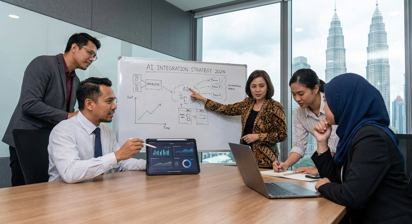 A team of Malaysian professionals collaborating on an AI integration strategy.