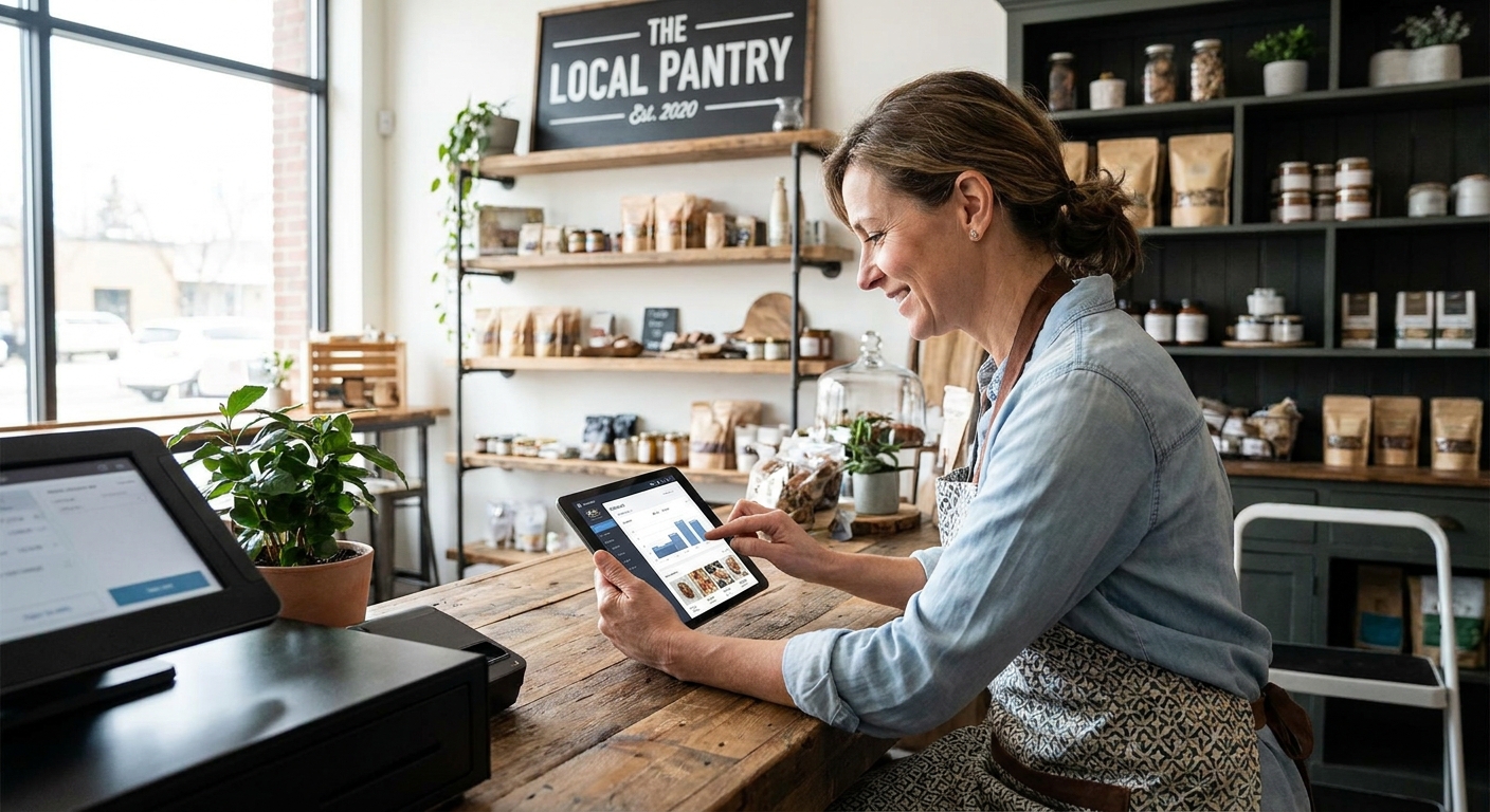 A small business owner using a tablet to manage their online operations.