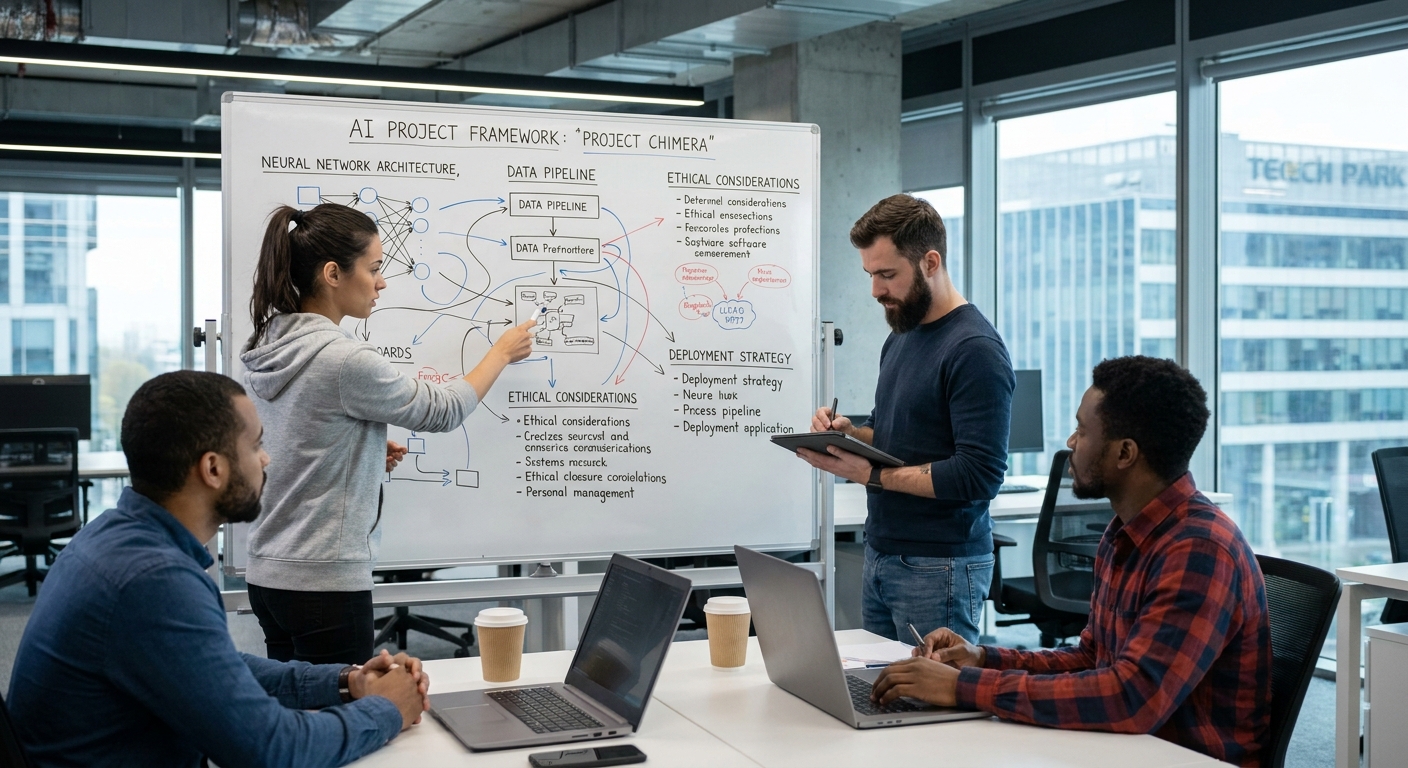 Developers discussing the framework of a new AI project.