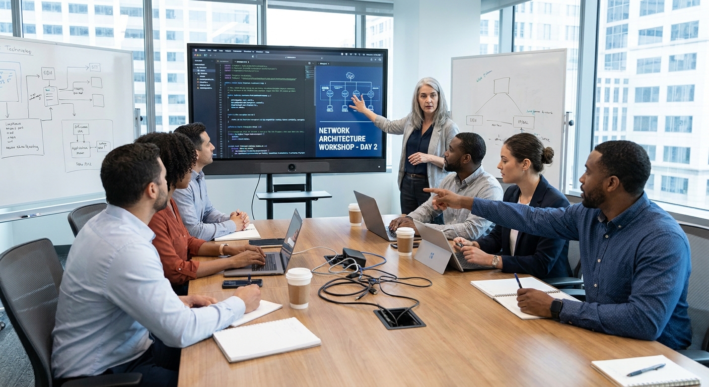 A group of professionals engaged in a technical training session on a computer.