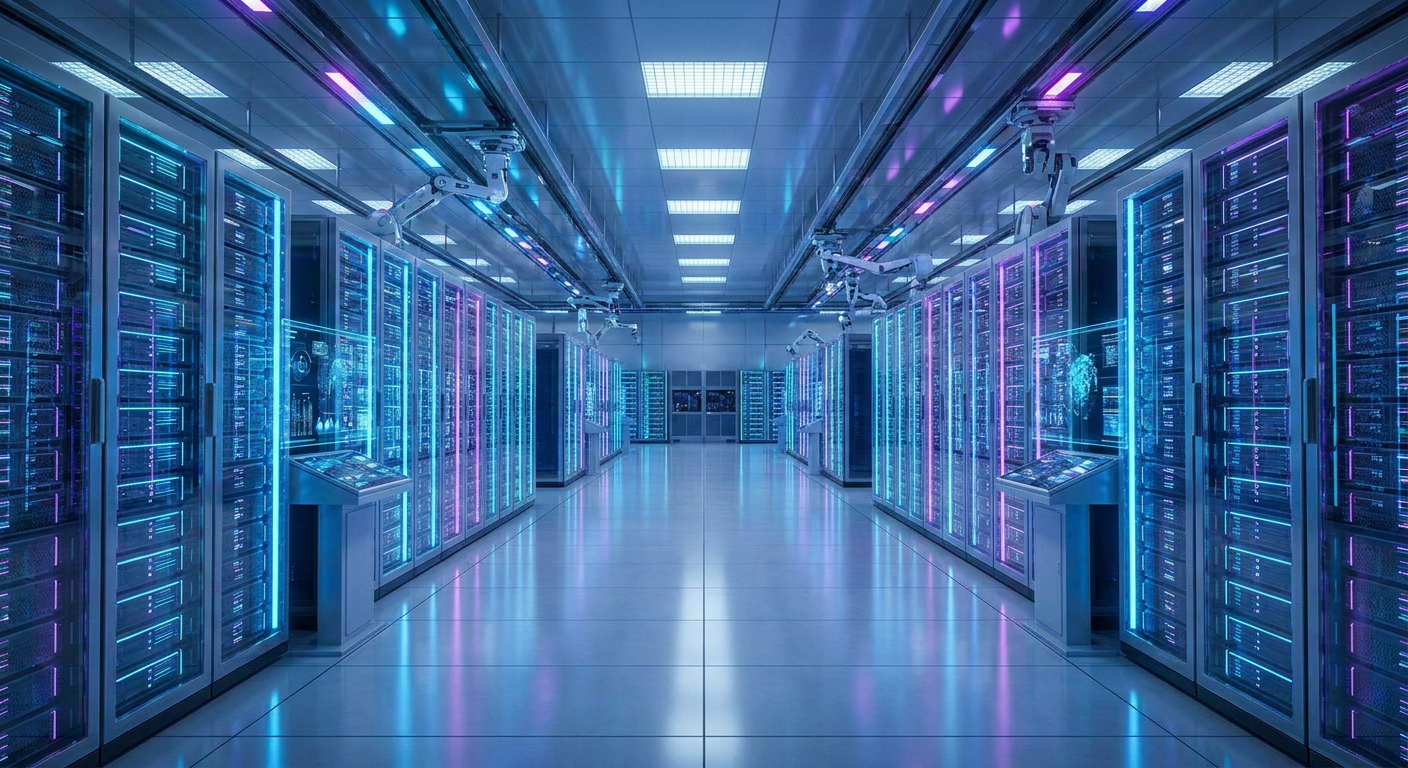 Futuristic view of a high-tech data centre hall.