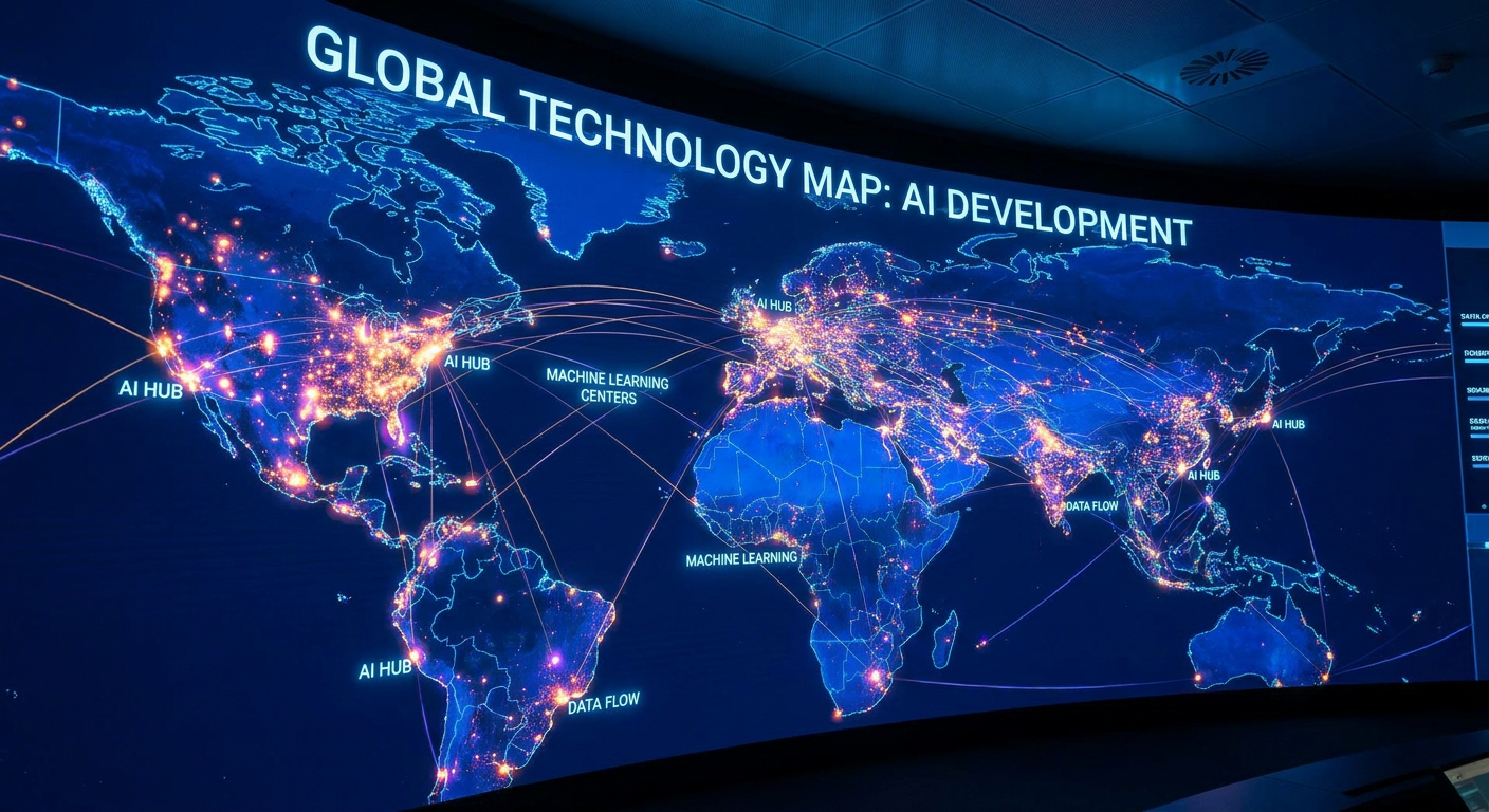 Global technology map with interconnected nodes representing AI development.